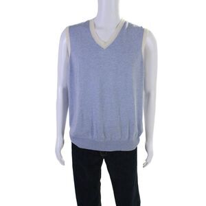 Etro Mens Cotton Sleeveless V Neck Contrast Trim Sweater Vest Blue Size 2XL